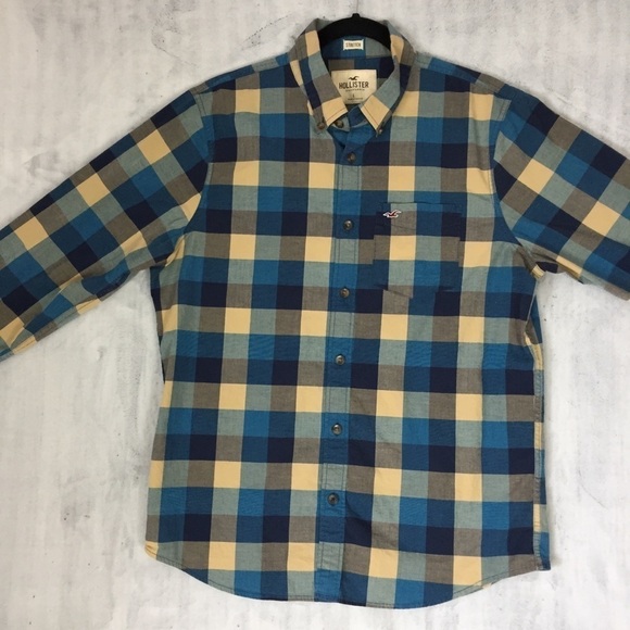 Hollister Stretch Button Down Shirt Mens Large Long Sleeve Block Check Pattern - Picture 4 of 11